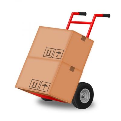 A hand truck with boxes stacked on it