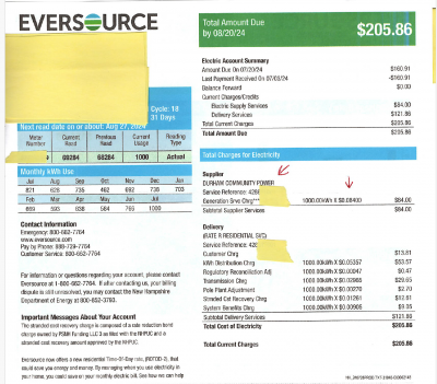 Page 2 of an Eversource bill showing where to find the electricity rate.