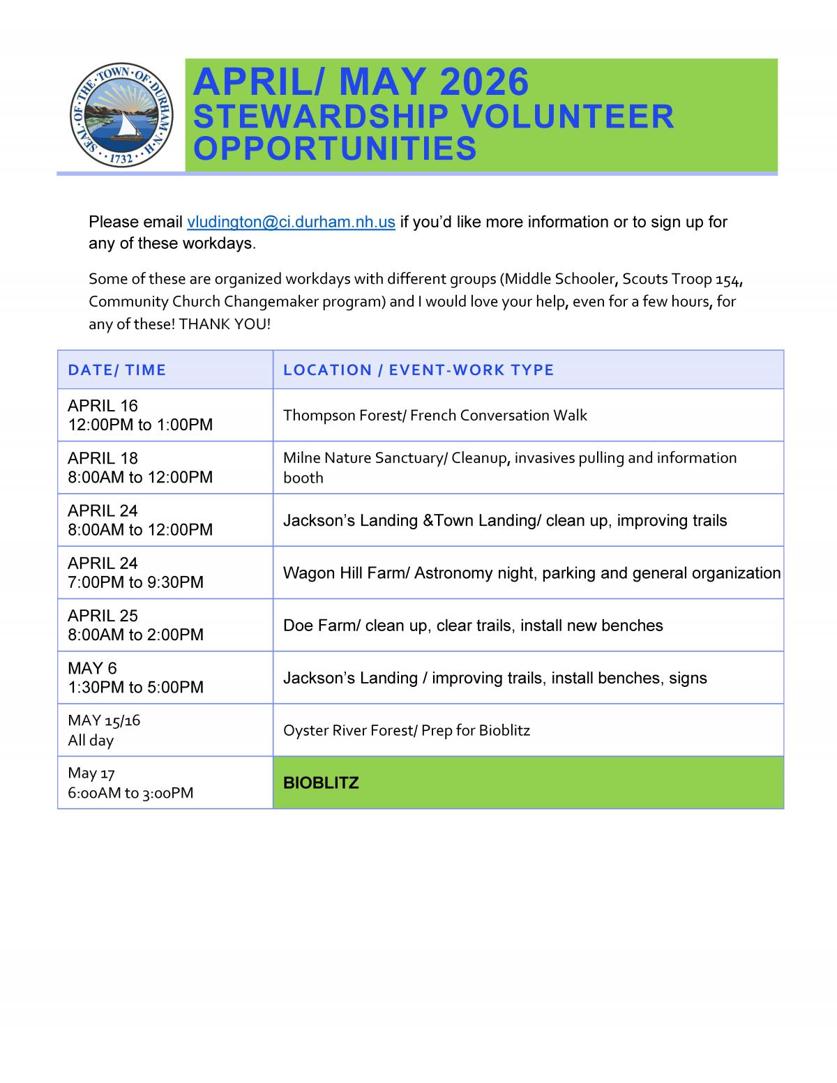 April/May 2026 Stewardship Volunteer Opportunities 