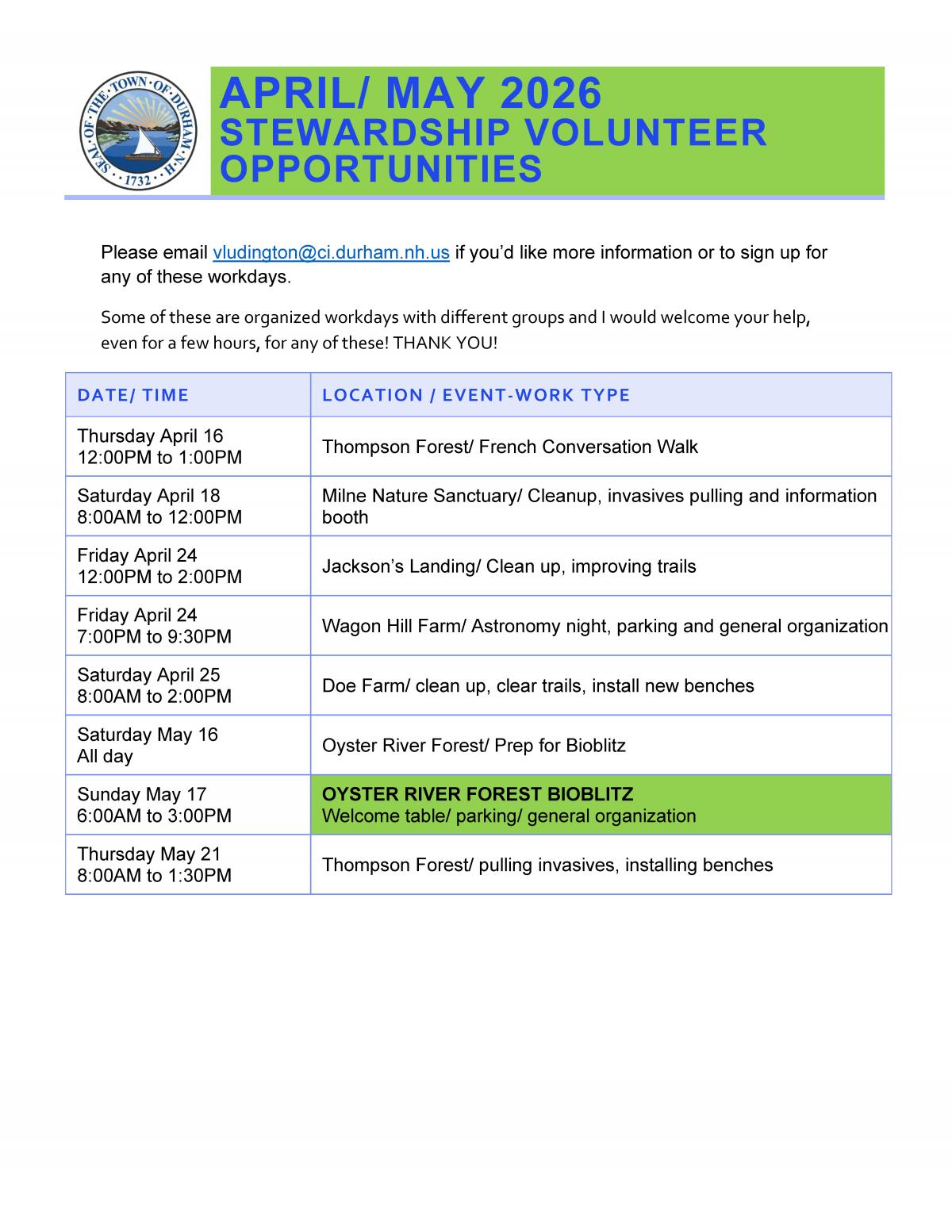 April/May 2026 Stewardship Volunteer Opportunities 