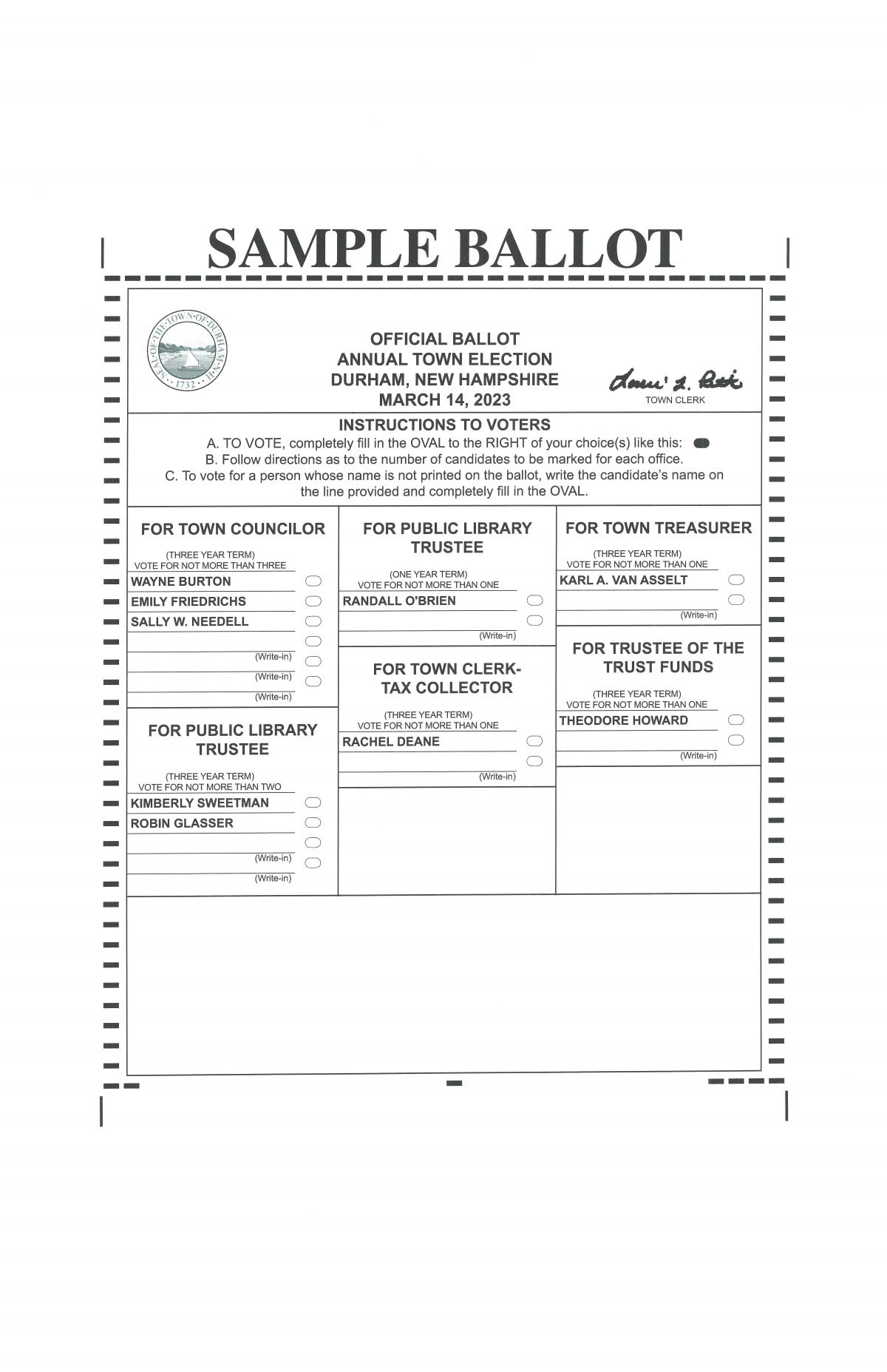 Town of Durham New Hampshire Sample Ballot Town Election 2023