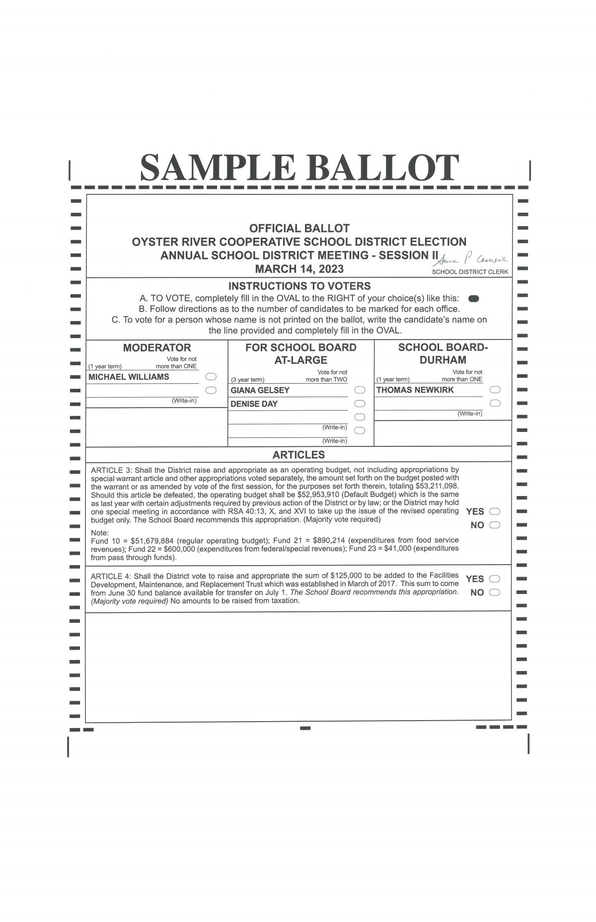 ORCSD Sample Ballot School Elections 2023 The Town of Durham New