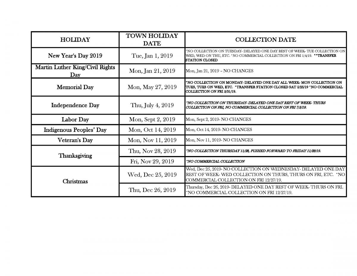 Durham Public Works 2019 Holiday Collection Schedule The Town of
