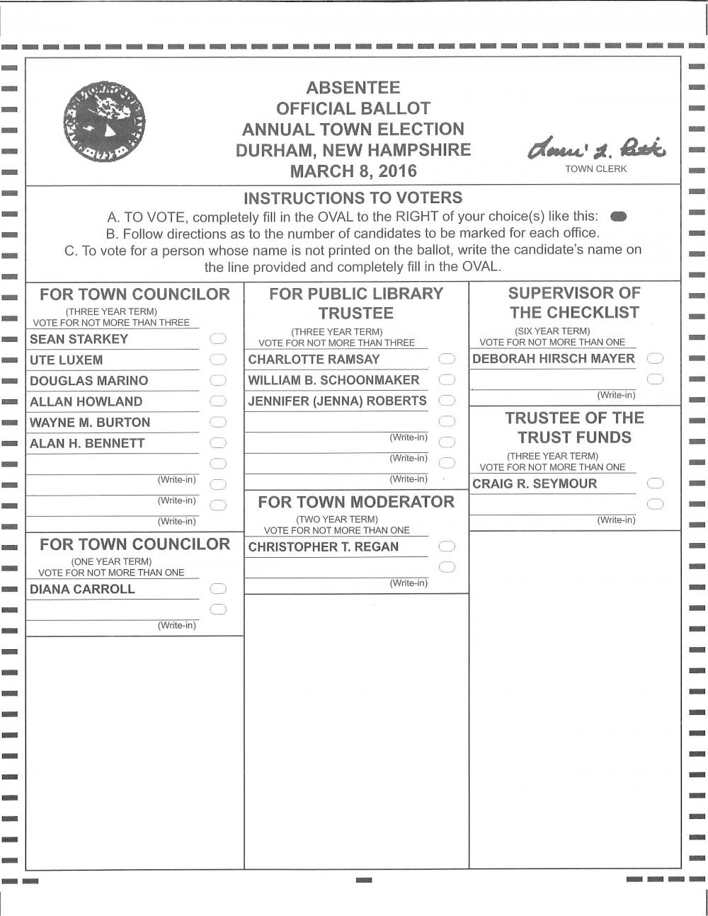 Absentee Official Ballot Annual Town Election, March 8, 2016 The Town